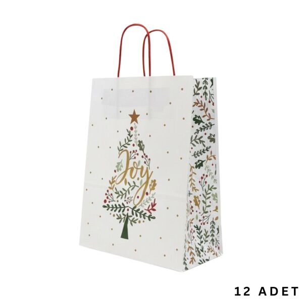 Yılbaşı Çam Desenli Kağıt Çanta, Yeniyıl Kırmızı Saplı Hediye Poşeti, 12x25x31 Cm - 12 Adet, Beyaz