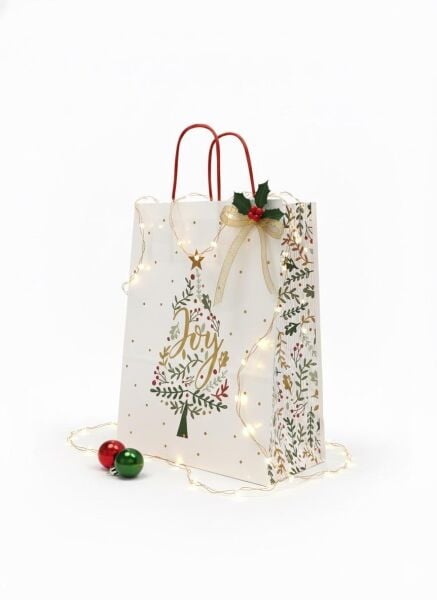 Yılbaşı Çam Desenli Kağıt Çanta, Yeniyıl Kırmızı Saplı Hediye Poşeti, 12x25x31 Cm - 12 Adet, Beyaz