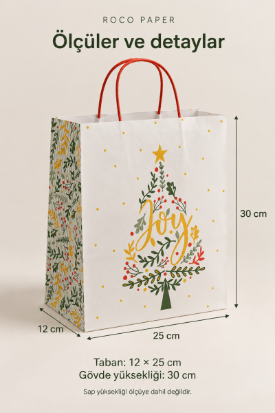 Yılbaşı Çam Desenli Kağıt Çanta, Yeniyıl Kırmızı Saplı Hediye Poşeti, 12x25x31 Cm - 6 Adet, Beyaz