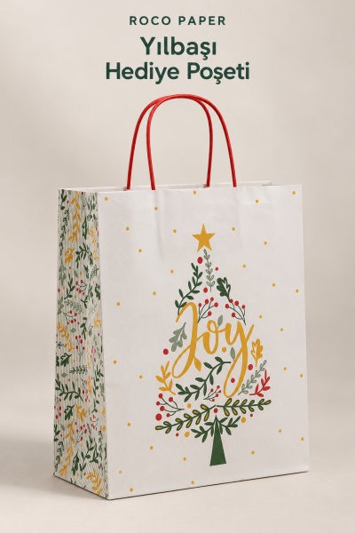 Yılbaşı Çam Desenli Kağıt Çanta, Yeniyıl Kırmızı Saplı Hediye Poşeti, 12x25x31 Cm - 6 Adet, Beyaz