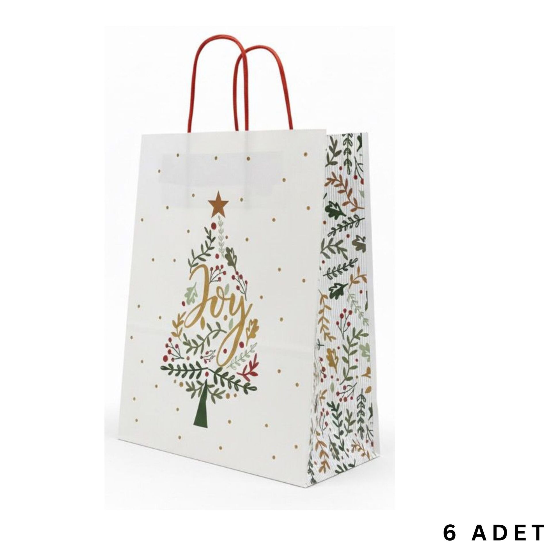 Yılbaşı Çam Desenli Kağıt Çanta, Yeniyıl Kırmızı Saplı Hediye Poşeti, 12x25x31 Cm - 6 Adet, Beyaz