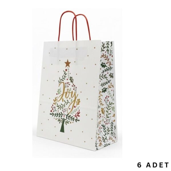 Yılbaşı Çam Desenli Kağıt Çanta, Yeniyıl Kırmızı Saplı Hediye Poşeti, 12x25x31 Cm - 6 Adet, Beyaz