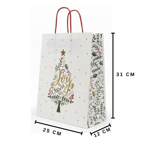 Yılbaşı Çam Desenli Kağıt Çanta, Yeniyıl Kırmızı Saplı Hediye Poşeti, 12x25x31 Cm - 6 Adet, Beyaz