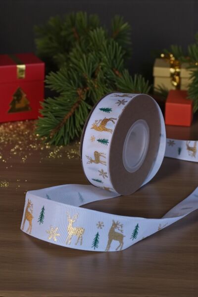 Yılbaşı Grogren Beyaz Kurdele – Geyik Desenli Hediye Paketleme, Hobi Süsleme Şeridi, 4 Cm - 18 M