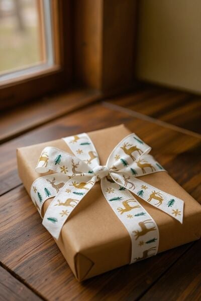 Yılbaşı Grogren Beyaz Kurdele – Geyik Desenli Hediye Paketleme, Hobi Süsleme Şeridi, 4 Cm - 18 M