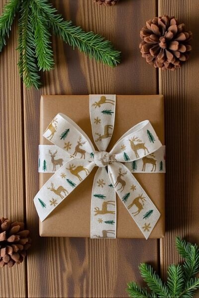 Yılbaşı Grogren Beyaz Kurdele – Geyik Desenli Hediye Paketleme, Hobi Süsleme Şeridi, 4 Cm - 18 M