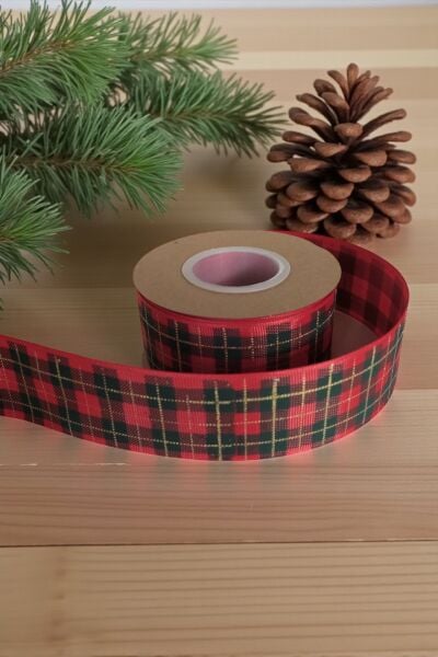 Yılbaşı Kırmızı Grogren Kurdele – Ekose Desenli Hediye Paketleme, Hobi Süsleme Şeridi, 4 Cm - 18 M