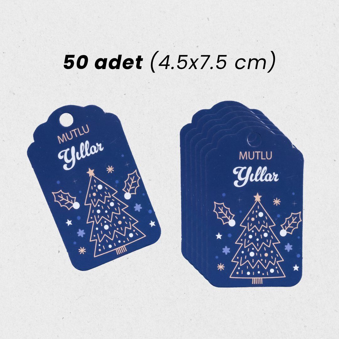 Yılbaşı Mutlu Yıllar Yazılı Hediye Etiketi, Çam Desenli Paketleme Kartı, 50 Adet, 4,5x7.5Cm, Mavi