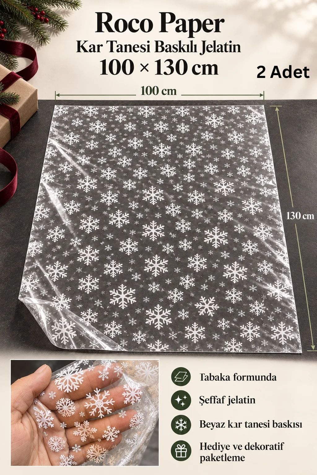 Yılbaşı Kar Tanesi Baskılı Şeffaf Jelatin, 100x130 cm, Yeniyıl Hediye Paketleme Jelatini, 2 Adet