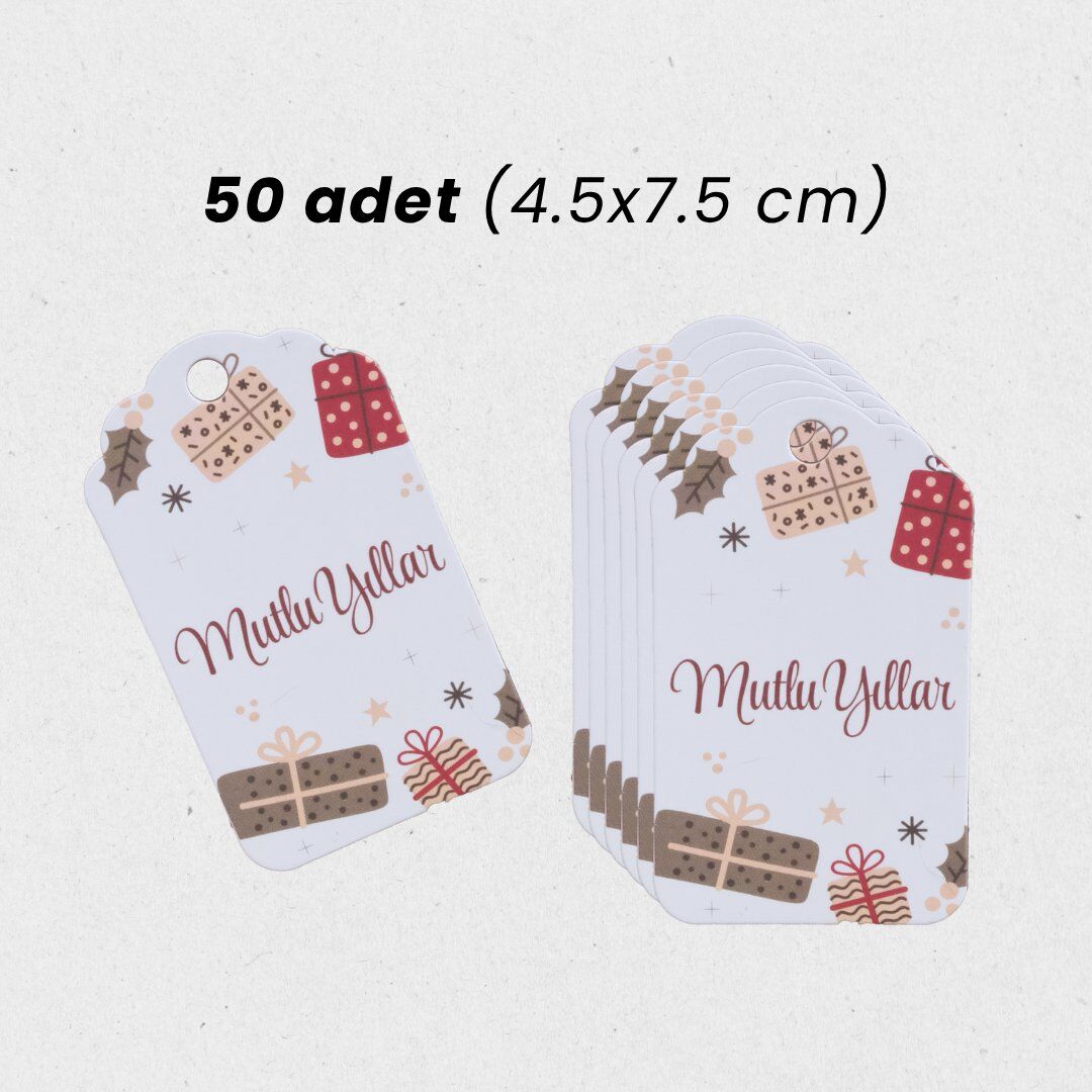 Yılbaşı Mutlu Yıllar Hediye Sallantı Etiketi, Yeniyıl Paketleme Kartı, 50 Adet-4,5x7.5Cm, Beyaz