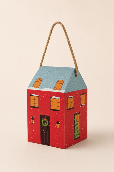 Yılbaşı Ev Tasarımlı Kutu Çanta, Yeniyıl, Parti, Hediye Çantası, 12li, 8.5x8.5x14 Cm, Kırmızı-Mavi
