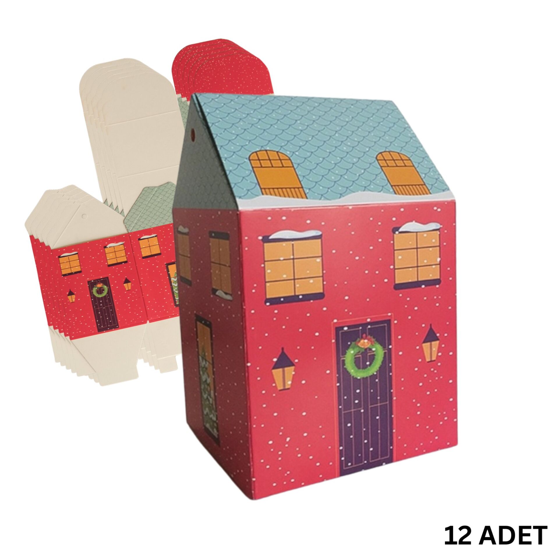 Yılbaşı Ev Tasarımlı Kutu Çanta, Yeniyıl, Parti, Hediye Çantası, 12li, 8.5x8.5x14 Cm, Kırmızı-Mavi