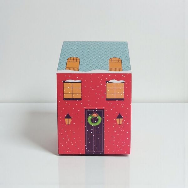 Yılbaşı Ev Tasarımlı Kutu Çanta, Yeniyıl, Parti, Hediye Çantası, 12li, 8.5x8.5x14 Cm, Kırmızı-Mavi