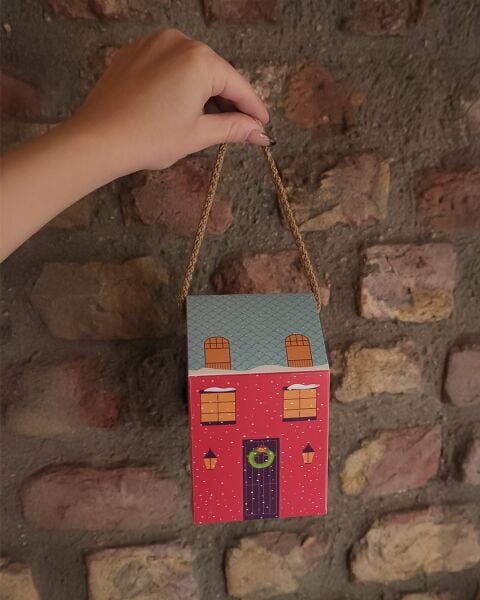 Yılbaşı Ev Tasarımlı Kutu Çanta, Yeniyıl, Parti, Hediye Çantası, 12li, 8.5x8.5x14 Cm, Kırmızı-Mavi