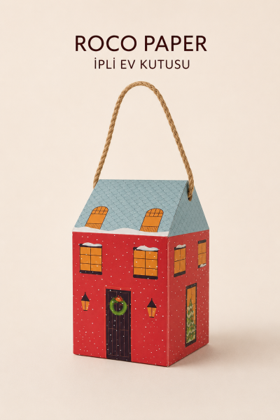 Yılbaşı Ev Tasarımlı Kutu Çanta, Yeniyıl, Parti, Hediye Çantası, 6lı, 8.5x8.5x14 Cm, Kırmızı-Mavi