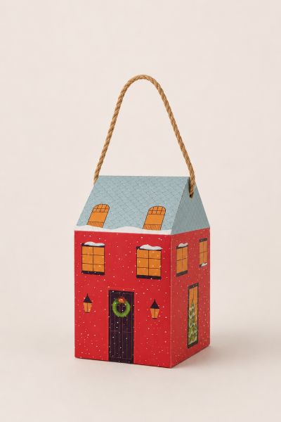 Yılbaşı Ev Tasarımlı Kutu Çanta, Yeniyıl, Parti, Hediye Çantası, 6lı, 8.5x8.5x14 Cm, Kırmızı-Mavi