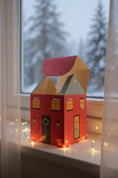 Yılbaşı Ev Tasarımlı Kutu Çanta, Yeniyıl, Parti, Hediye Çantası, 6lı, 8.5x8.5x14 Cm, Kırmızı-Mavi