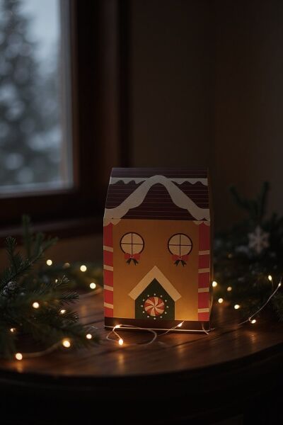 Yılbaşı Ev Tasarımlı Kutu Çanta, Yeniyıl, Parti, Hediye Çantası, 6lı, 8.5x8.5x14 Cm, Kahve Çatılı