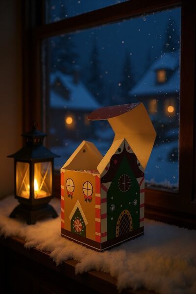 Yılbaşı Ev Tasarımlı Kutu Çanta, Yeniyıl, Parti, Hediye Çantası, 6lı, 8.5x8.5x14 Cm, Kahve Çatılı