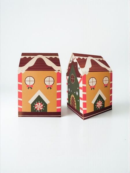 Yılbaşı Ev Tasarımlı Kutu Çanta, Yeniyıl, Parti, Hediye Çantası, 6lı, 8.5x8.5x14 Cm, Kahve Çatılı