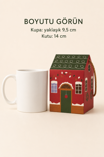 Yılbaşı Ev Tasarımlı Kutu Çanta, Yeniyıl, Parti, Hediye Çantası, 12li, 8.5x8.5x14 Cm, Yeşil Çatılı