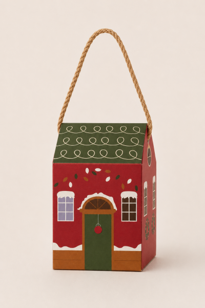 Yılbaşı Ev Tasarımlı Kutu Çanta, Yeniyıl, Parti, Hediye Çantası, 12li, 8.5x8.5x14 Cm, Yeşil Çatılı