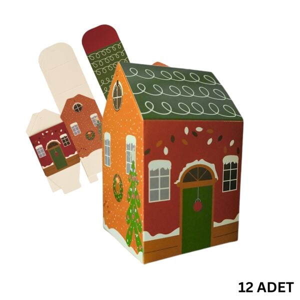 Yılbaşı Ev Tasarımlı Kutu Çanta, Yeniyıl, Parti, Hediye Çantası, 12li, 8.5x8.5x14 Cm, Yeşil Çatılı