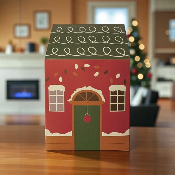 Yılbaşı Ev Tasarımlı Kutu Çanta, Yeniyıl, Parti, Hediye Çantası, 12li, 8.5x8.5x14 Cm, Yeşil Çatılı