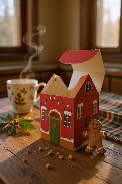 Yılbaşı Ev Tasarımlı Kutu Çanta, Yeniyıl, Parti, Hediye Çantası, 12li, 8.5x8.5x14 Cm, Yeşil Çatılı