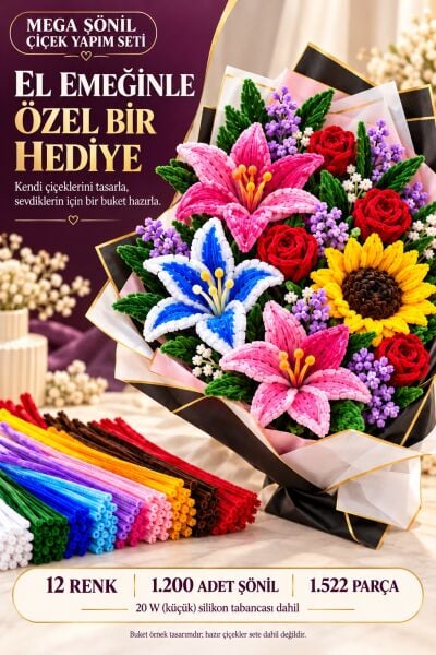 Mega Şönil Çiçek Yapım Seti - 1522 Parça, 12 Renk Silikon Tabancalı Buket Kağıtlı DIY Hobi Kiti