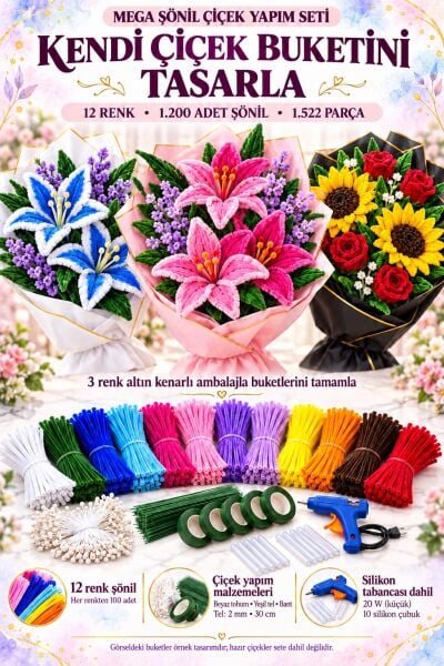 Mega Şönil Çiçek Yapım Seti - 1522 Parça, 12 Renk Silikon Tabancalı Buket Kağıtlı DIY Hobi Kiti