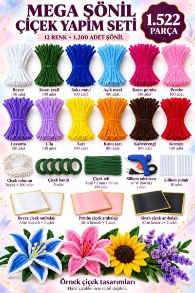 Mega Şönil Çiçek Yapım Seti - 1522 Parça, 12 Renk Silikon Tabancalı Buket Kağıtlı DIY Hobi Kiti
