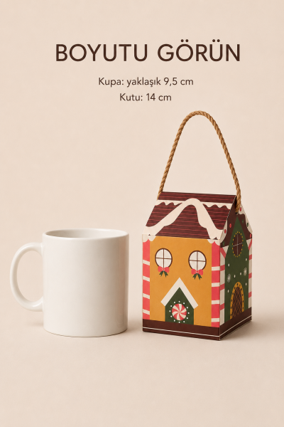Yılbaşı Ev Tasarımlı Kutu Çanta, Yeniyıl, Parti, Hediye Çantası, 12li, 8.5x8.5x14 Cm, Kahve Çatılı