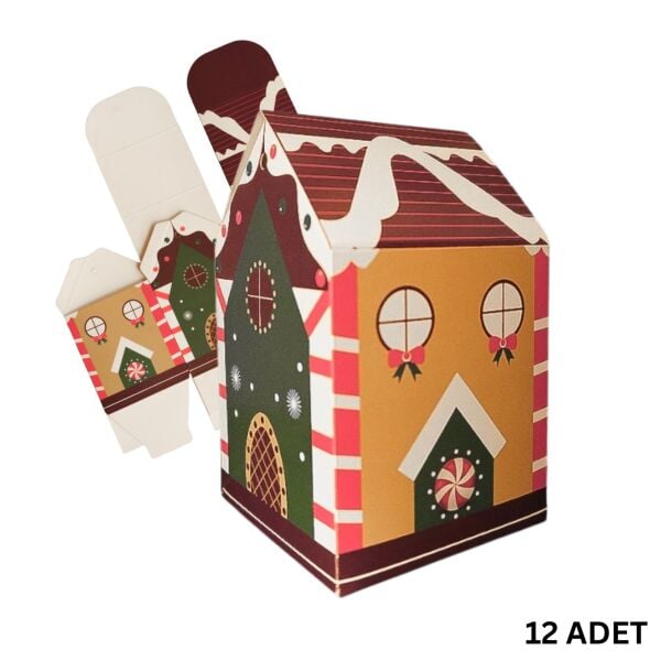 Yılbaşı Ev Tasarımlı Kutu Çanta, Yeniyıl, Parti, Hediye Çantası, 12li, 8.5x8.5x14 Cm, Kahve Çatılı