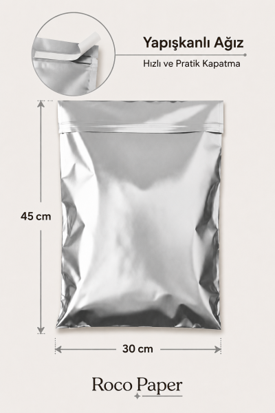 Mat Metalik  Bantlı Hediye Paketi 30x45 cm Gümüş - 50 Adet