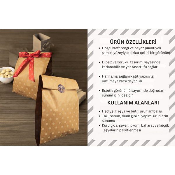 Körüklü Kraft Kese Kağıdı, Beyaz Puantiyeli Şamua Hediye, Ambalaj & Gıda Poşeti, 15x33 Cm,