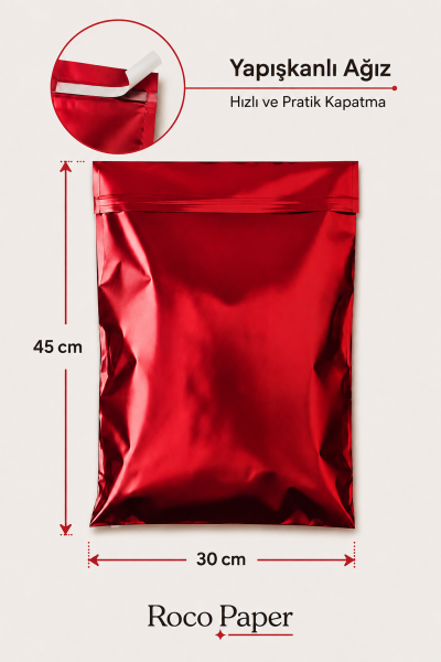 Mat Metalik  Bantlı Hediye Paketi 30x45 cm Kırmızı - 50 Adet