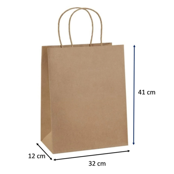 Kraft Kağıt Alışveriş, Hediye Çantası, Poşet Çanta, Büküm Saplı, 32x41x12 cm (25'li Paket)
