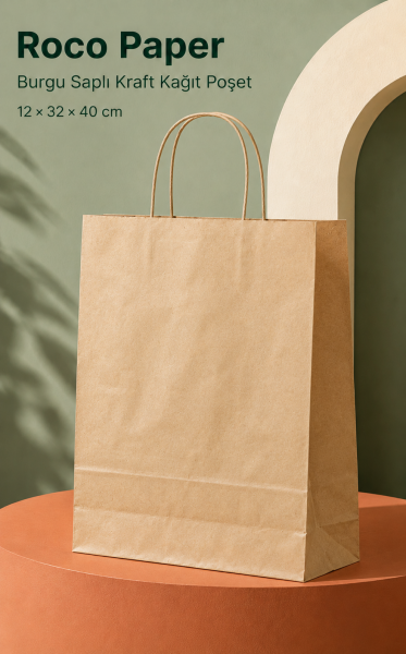 Kraft Kağıt Alışveriş, Hediye Çantası, Poşet Çanta, Büküm Saplı, 32x41x12 cm (25'li Paket)