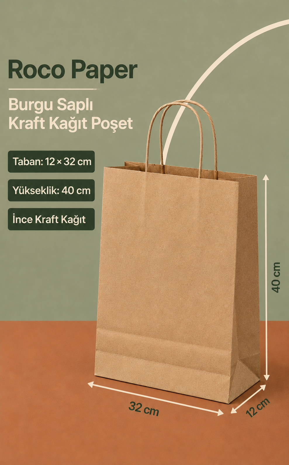 Kraft Kağıt Alışveriş, Hediye Çantası, Poşet Çanta, Büküm Saplı, 32x41x12 cm (25'li Paket)