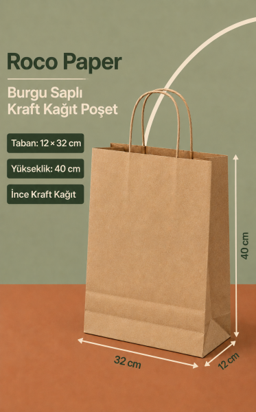 Kraft Kağıt Alışveriş, Hediye Çantası, Poşet Çanta, Büküm Saplı, 32x41x12 cm (25'li Paket)