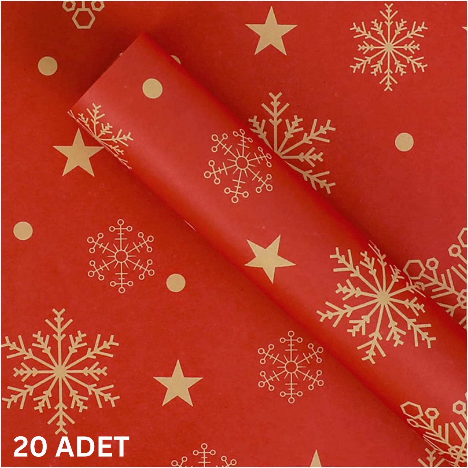 Yılbaşı Kar Tanesi Desenli Çiçek Buket Kağıdı - Hediye ve Ambalaj Kağıdı, Kırmızı, 20 Adet, 58x58 Cm