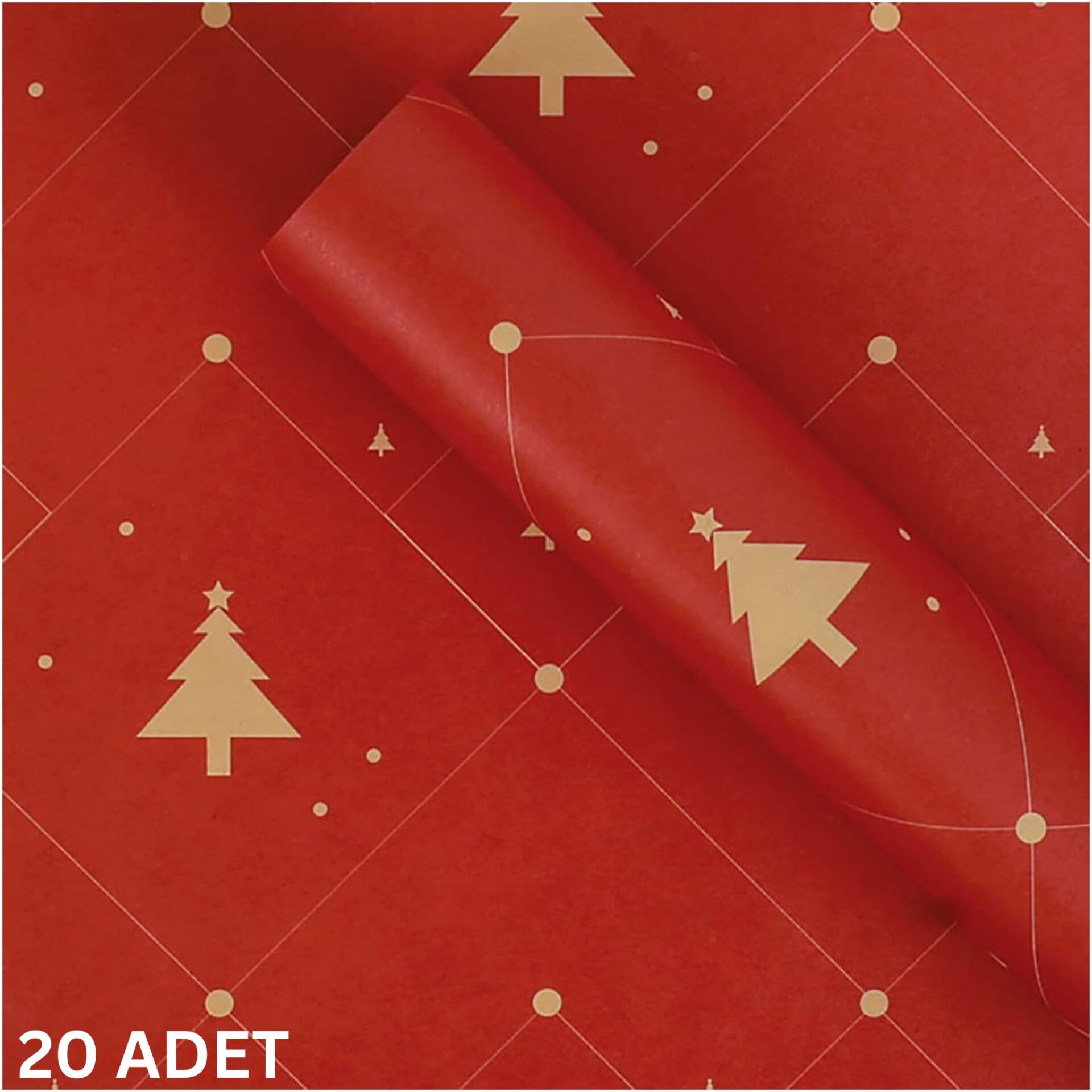 Yılbaşı Çam Desenli Çiçek Buket Kağıdı, Hediye Paketleme ve Ambalaj Kağıdı, Kırmızı, 20 Adet-58x58Cm