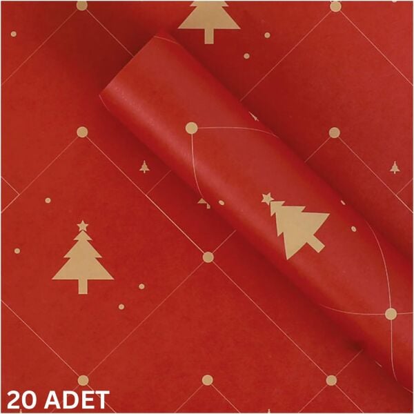 Yılbaşı Çam Desenli Çiçek Buket Kağıdı, Hediye Paketleme ve Ambalaj Kağıdı, Kırmızı, 20 Adet-58x58Cm