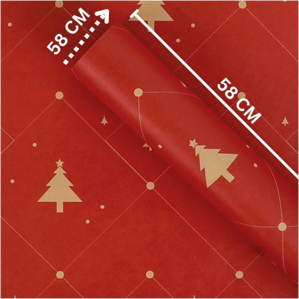 Yılbaşı Çam Desenli Çiçek Buket Kağıdı, Hediye Paketleme ve Ambalaj Kağıdı, Kırmızı, 5 Adet-58x58Cm