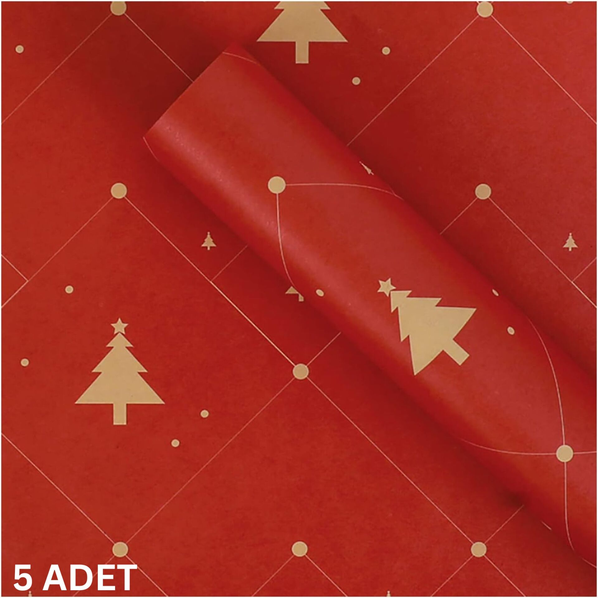 Yılbaşı Çam Desenli Çiçek Buket Kağıdı, Hediye Paketleme ve Ambalaj Kağıdı, Kırmızı, 5 Adet-58x58Cm