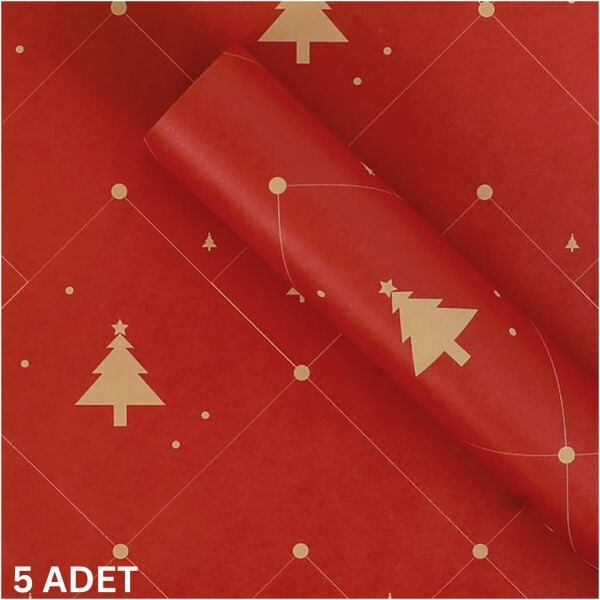 Yılbaşı Çam Desenli Çiçek Buket Kağıdı, Hediye Paketleme ve Ambalaj Kağıdı, Kırmızı, 5 Adet-58x58Cm