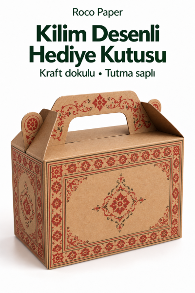 Tutmalı Kilim Desenli Kraft Hediye Kutusu, Nikah-Doğum Günü, Butik Kutusu 11x16x8 cm