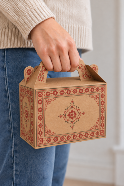 Tutmalı Kilim Desenli Kraft Hediye Kutusu, Nikah-Doğum Günü, Butik Kutusu 11x16x8 cm