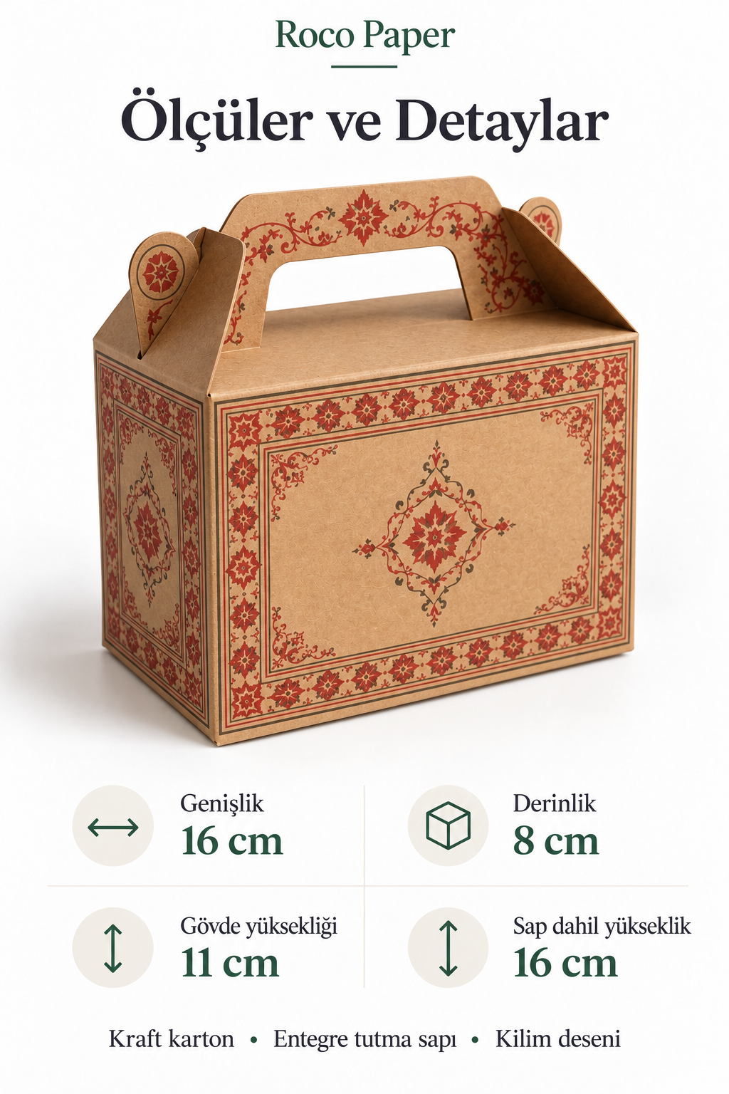 Tutmalı Kilim Desenli Kraft Hediye Kutusu, Nikah-Doğum Günü, Butik Kutusu 11x16x8 cm